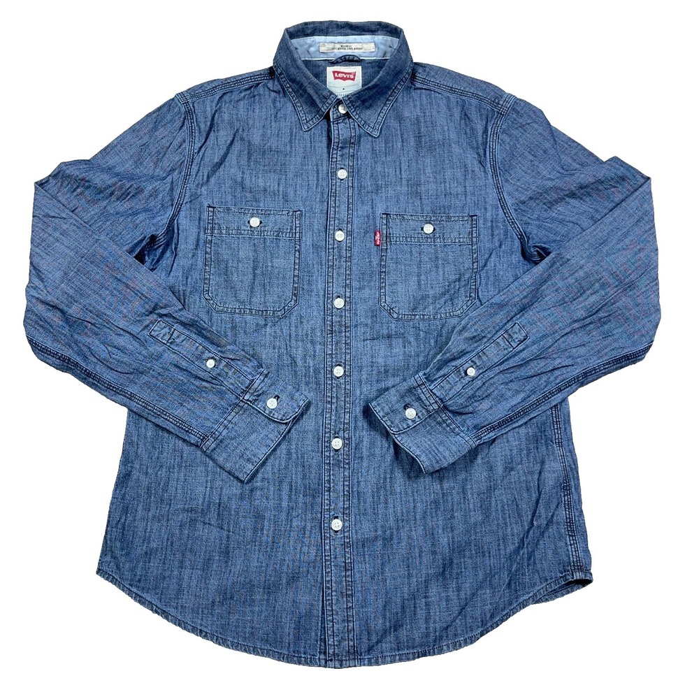 Levis Shirt Men Medium Blue Chambray Denim Modern Fit Button‎ Up Western Pockets